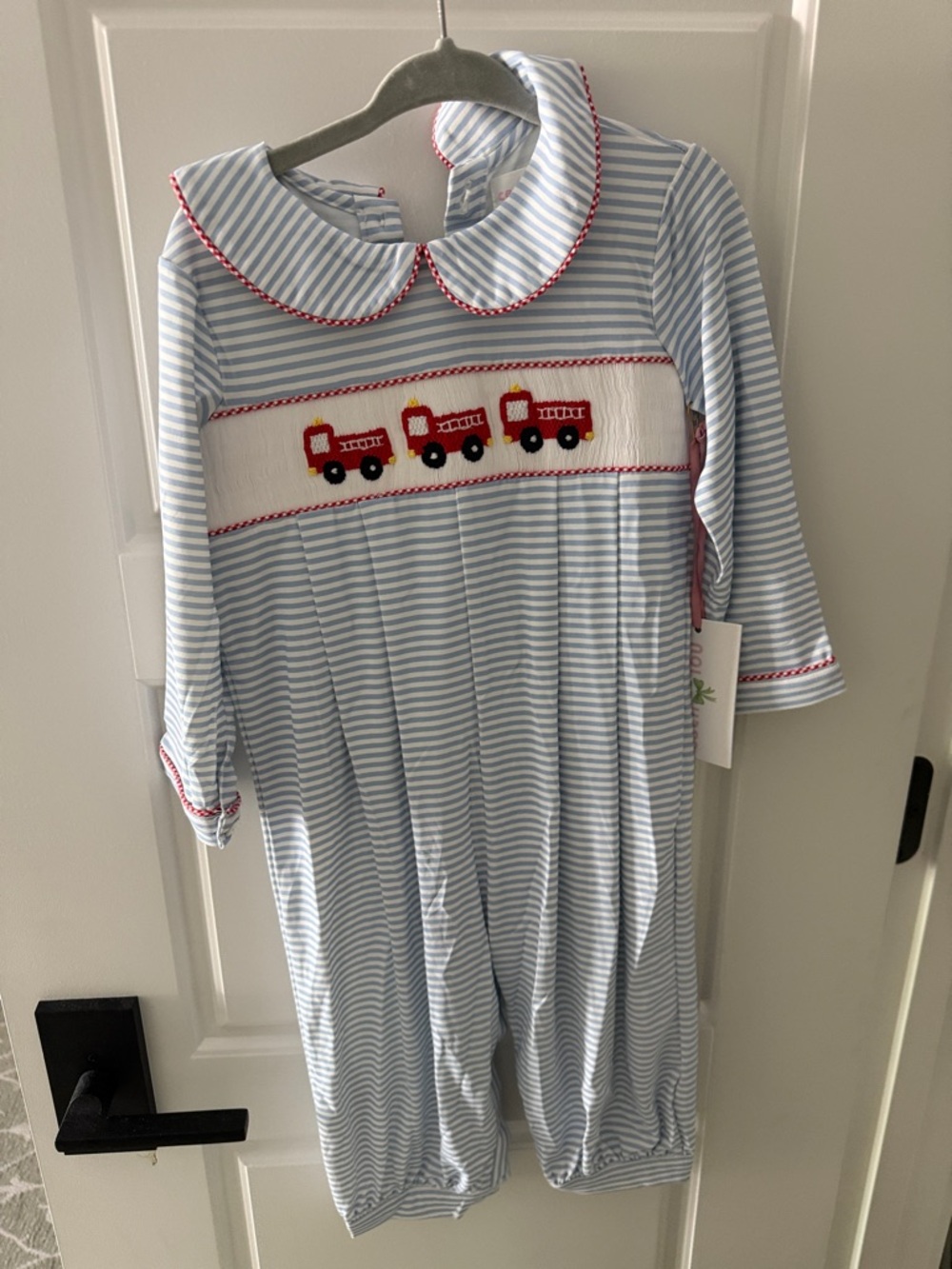 Cecil and Lou Blue Striped Boy’s Playsuit with Red Firetruck Smocking 18 Months